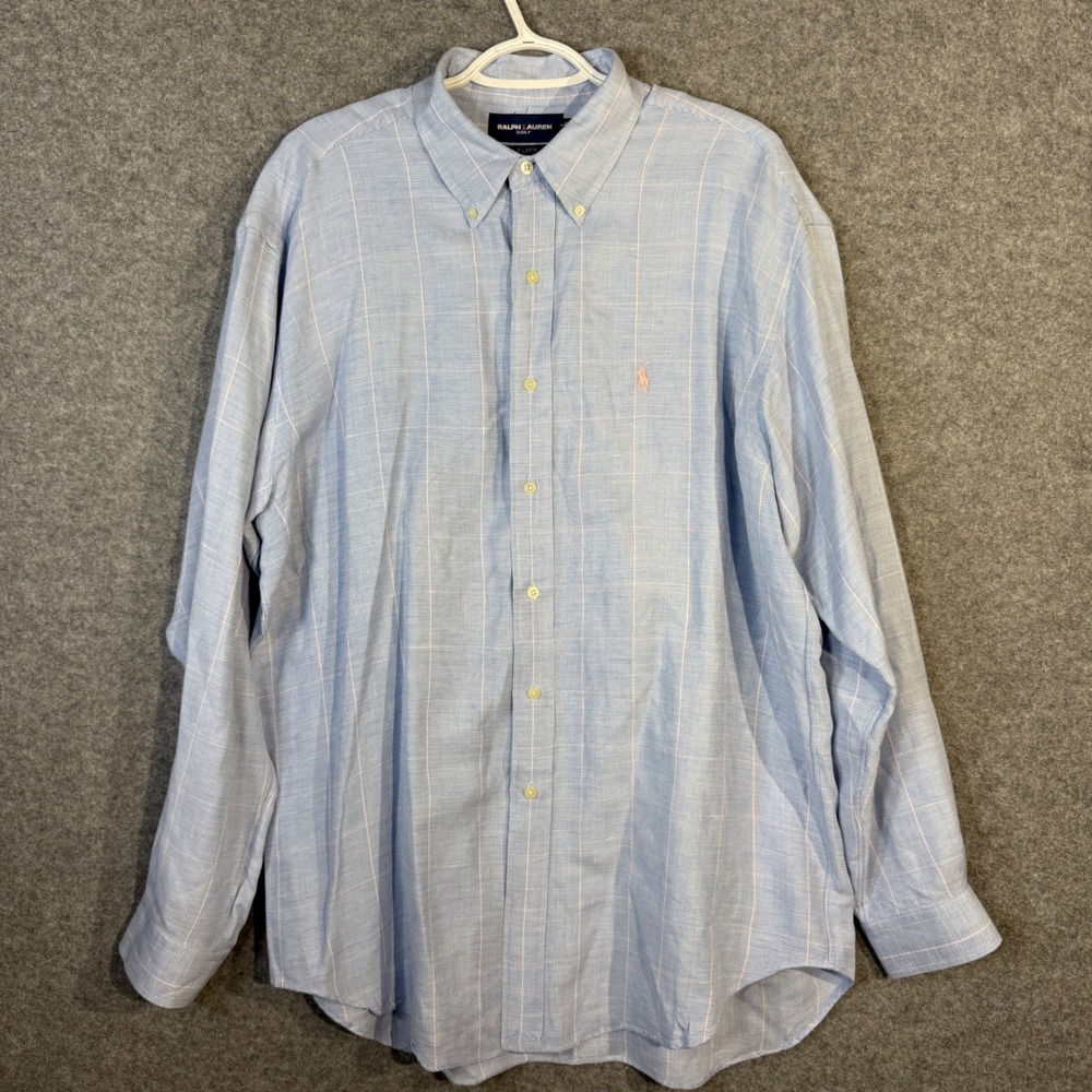 Ralph Lauren Golf Tilden Long Sleeve Button Down Shirt Silk Linen Blue